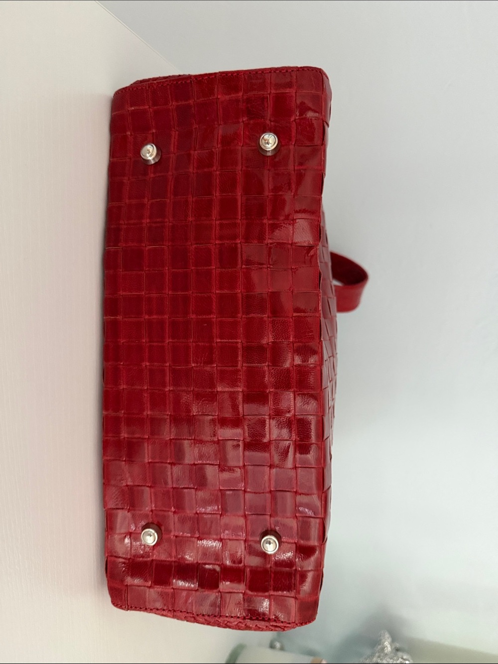 EuroWellness Red Tote Bag Vintage Woven Leather Y2K RARE Double Shoulder Straps - Picture 2 of 2